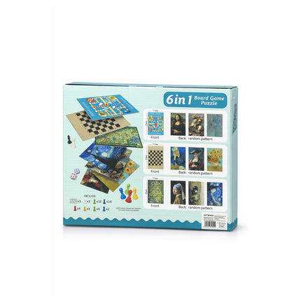 Box of a 6-in-1 board game puzzle set on a white background