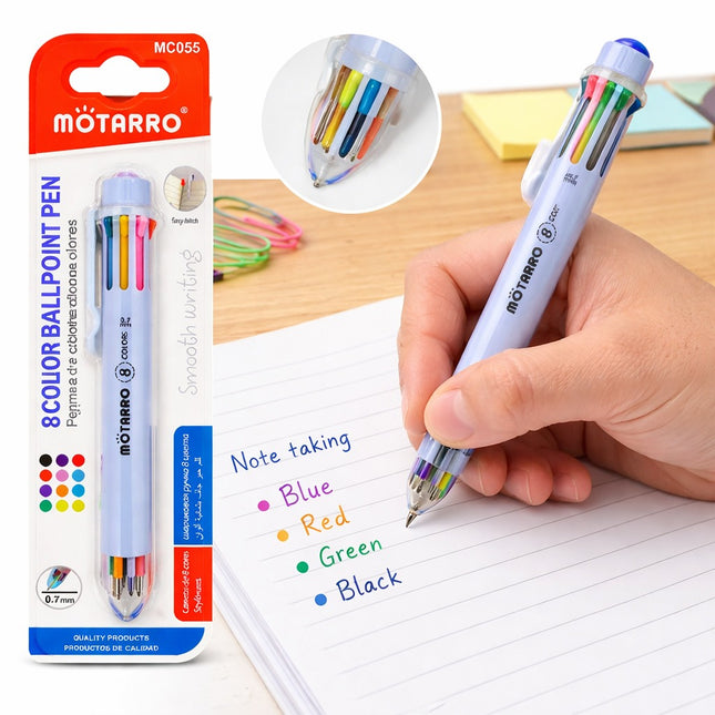Motarro 8-color ballpoint pen with packaging and a hand holding the pen on a notebook.