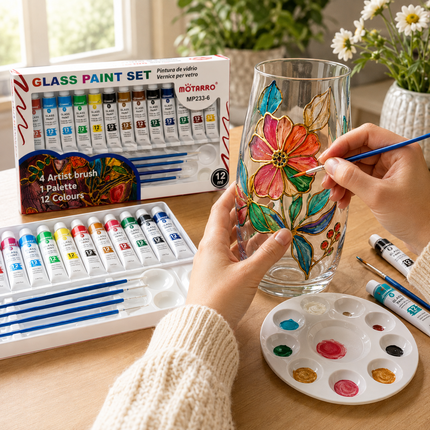 Glass Paint Set – 12 Colors with Brushes & Palette - MP233-6
