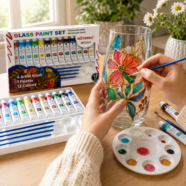 Glass Paint Set – 12 Colors with Brushes & Palette - MP233-6