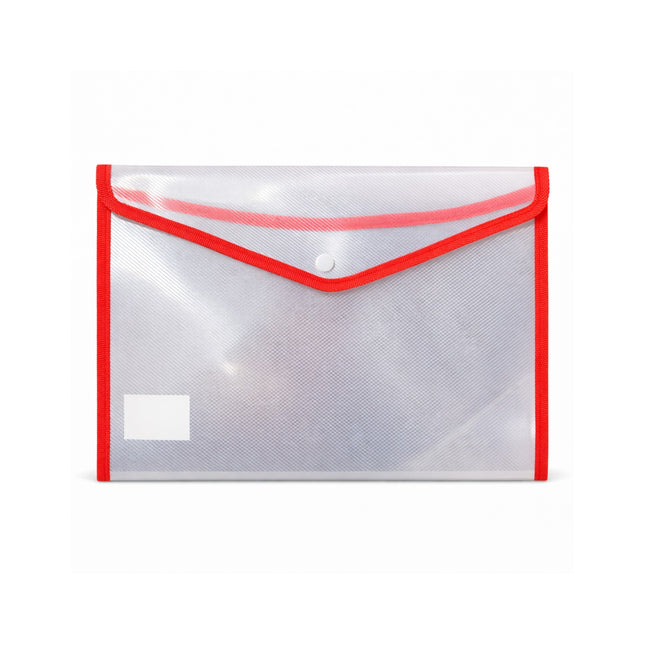Clear document holder with red border on a white background