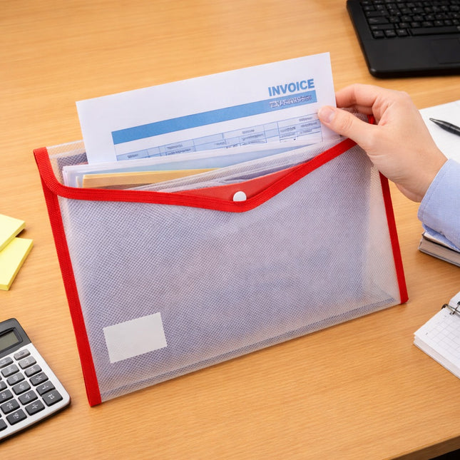 Hand holding a mesh file folder with an invoice on a desk with office supplies.