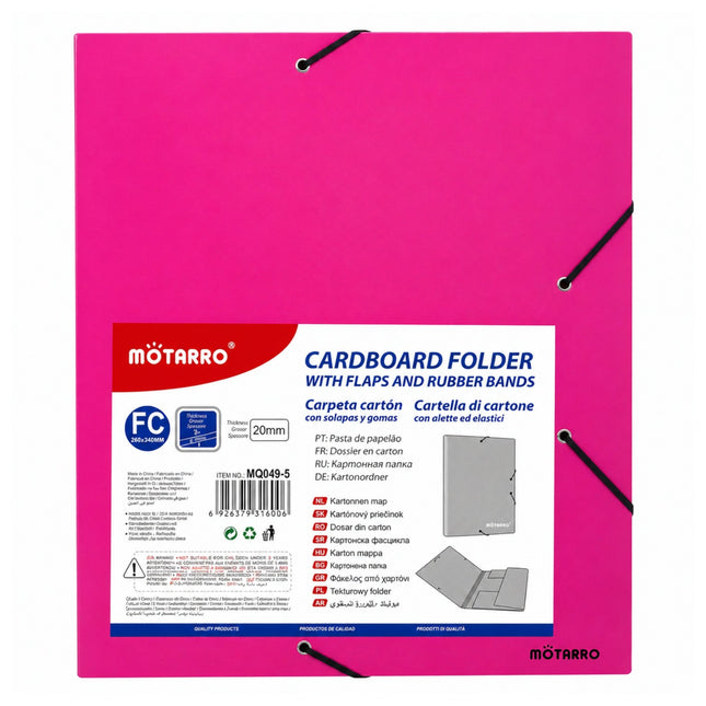 Pink cardboard folder with flaps and rubber bands by Motarro on a white background