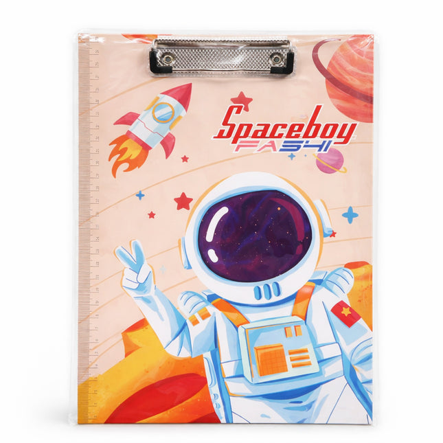 Clipboard with space-themed design featuring an astronaut and rocket, branded 'Spaceboy'.
