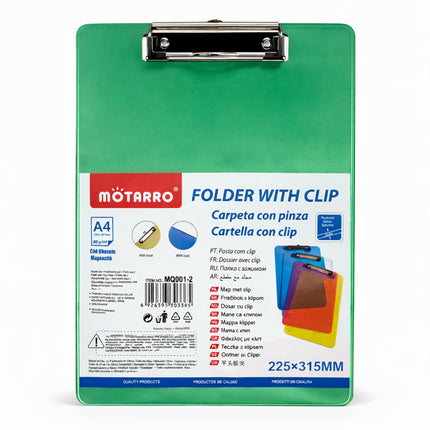 Green folder with clip on a white background