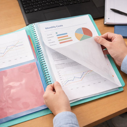 Person flipping through a spiral-bound notebook with financial charts on a desk.