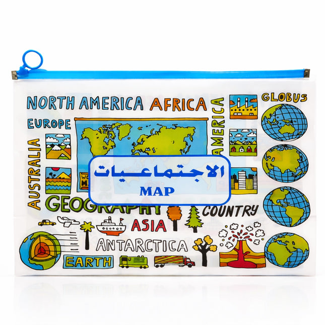 Educational world map poster with various geographical illustrations on a white background