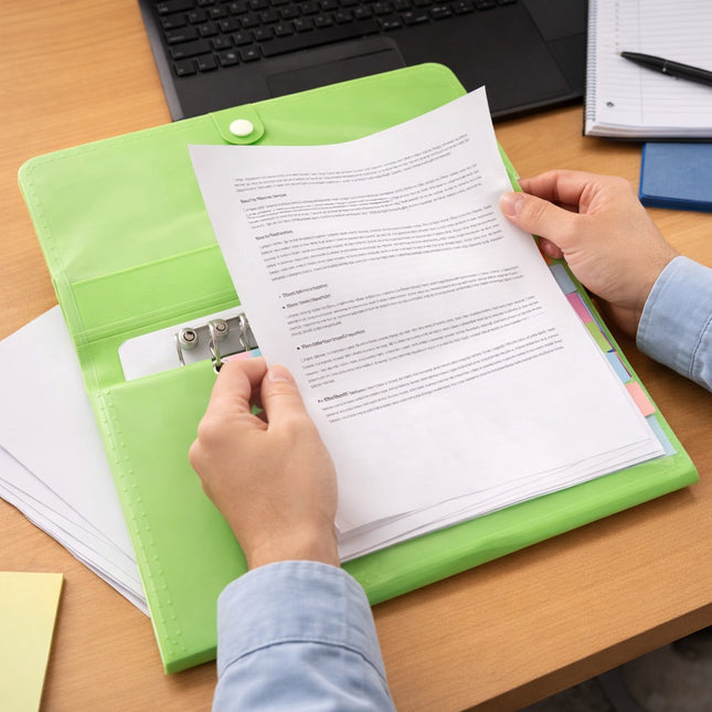 Person holding a green folder with a document on a desk with a laptop and notebook.