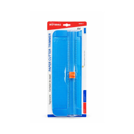 Blue paper cutter trimmer in packaging with Motarro branding on a white background