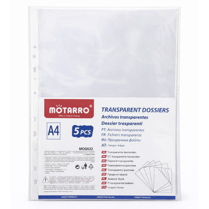 Packaging of Motarro transparent dossiers with A4 size and 5 pieces per pack on a white background.