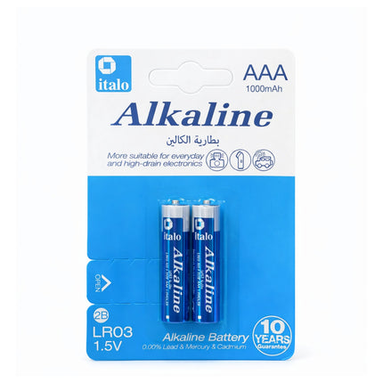 Pack of italo AAA alkaline batteries on a white background