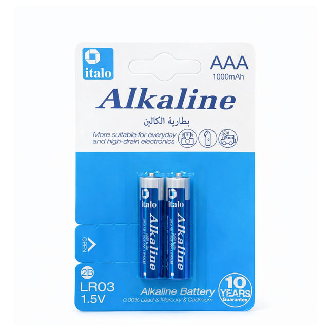 Pack of italo AAA alkaline batteries on a white background