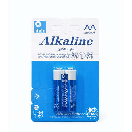 Pack of Italo AA alkaline batteries on a white background