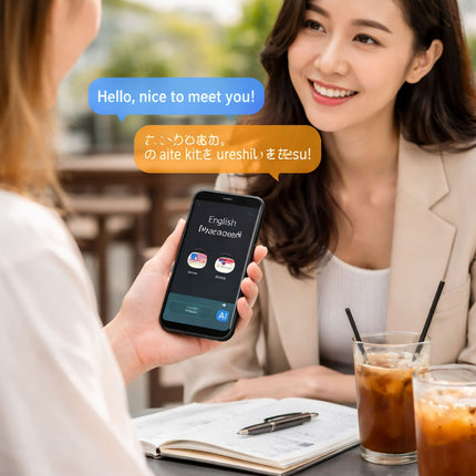Two women sitting at a table with a phone displaying a language learning app.