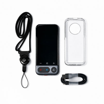 Smartphone with accessories including a lanyard, case, and cable on a white background