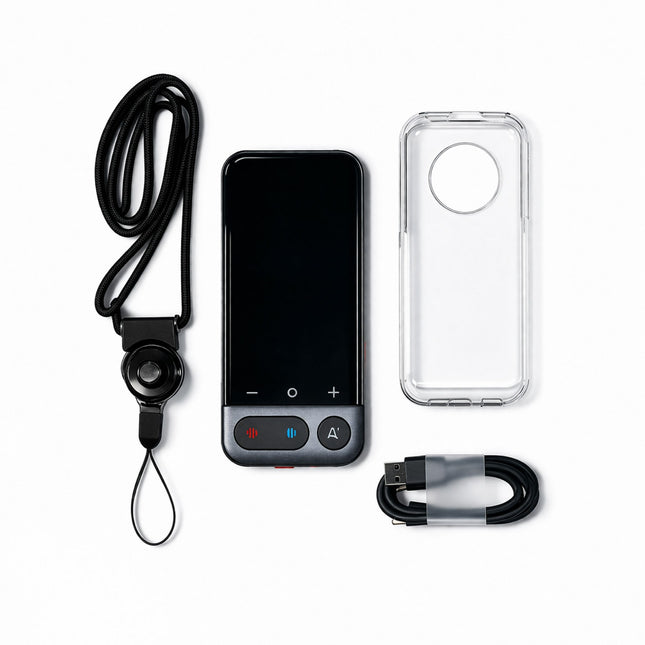 Smartphone with accessories including a lanyard, case, and cable on a white background
