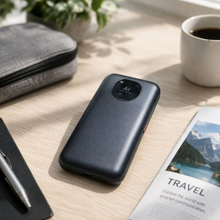 Black phone case on a desk with a travel magazine and coffee cup in the background