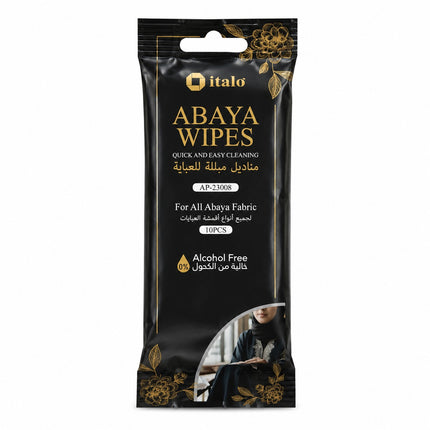 A single packet of Italo Abaya Wipes for abaya fabric cleaning, featuring a black and gold design with a small circular cutout showing a model holding a wipe.