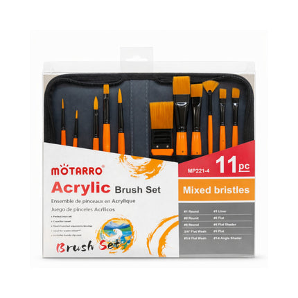 Motarro acrylic brush set packaging with brushes displayed on a white background