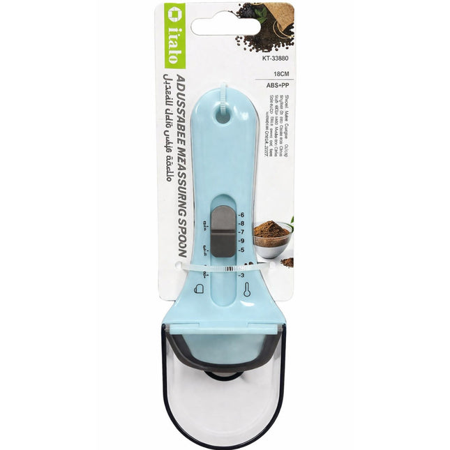 Blue adjustable measuring spoon with packaging on a white background