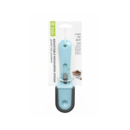 Blue adjustable measuring spoon on a white background with packaging.