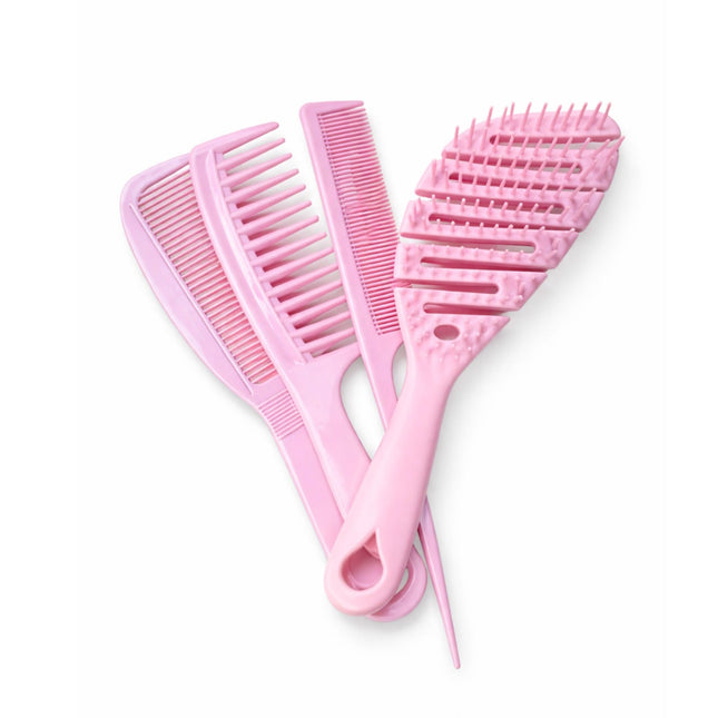 Three pink hair styling tools on a white background