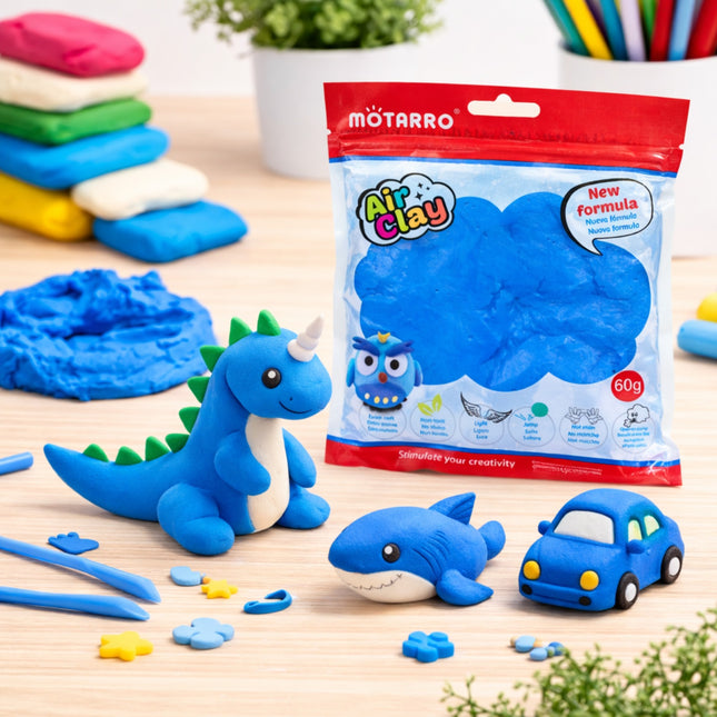 Blue play dough with animal shapes and a package of Motarro Air Clay on a wooden surface.