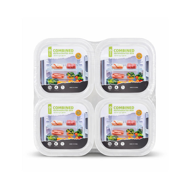 Four packages of a combined refrigeration unit with images of food inside on a white background.
