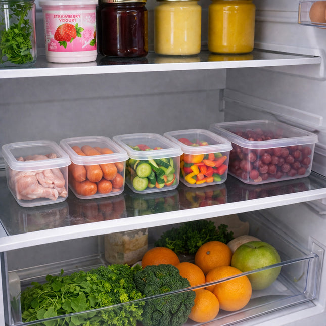 Open refrigerator with various food items including fruits, vegetables, and containers.