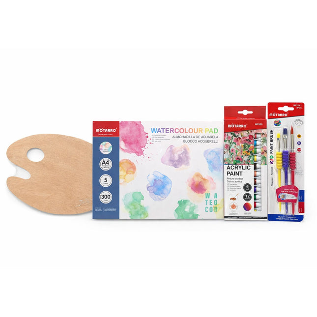 Art supplies including a wooden palette, watercolor pad, acrylic paint set, and paintbrushes on a white background.