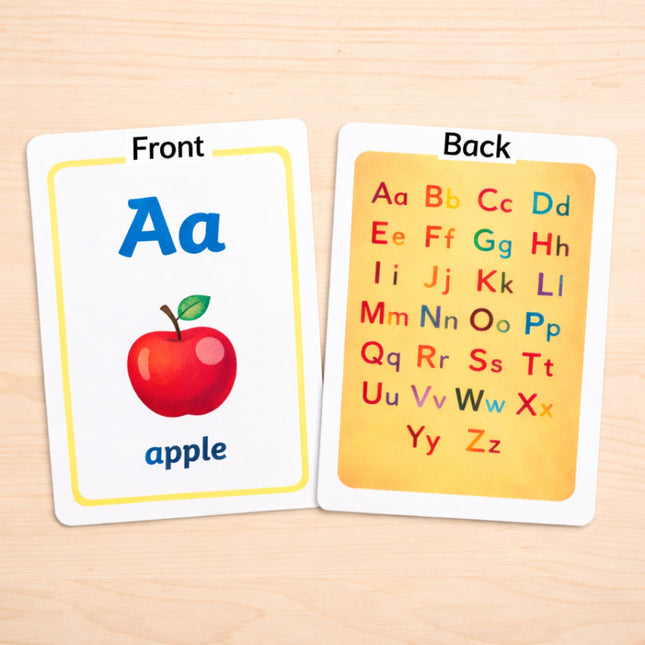 Alphabet learning card with letter A and apple illustration on a wooden surface