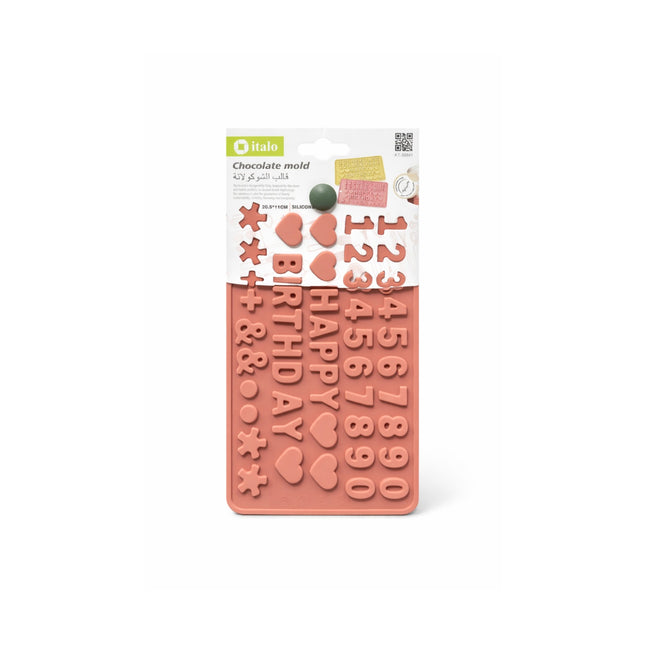 Pink silicone mold with birthday-themed designs on a white background