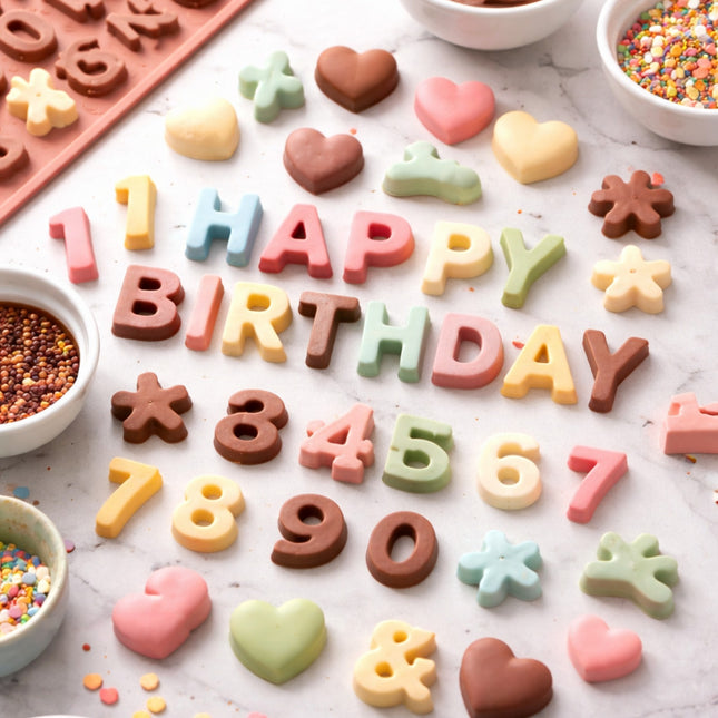 Colorful birthday-themed cookies on a white surface with decorative elements.