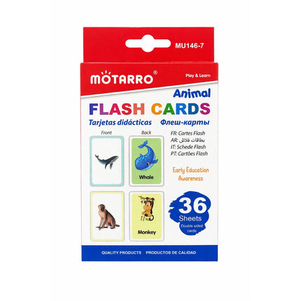 Motarro animal flash cards packaging with whale and monkey illustrations on a white background