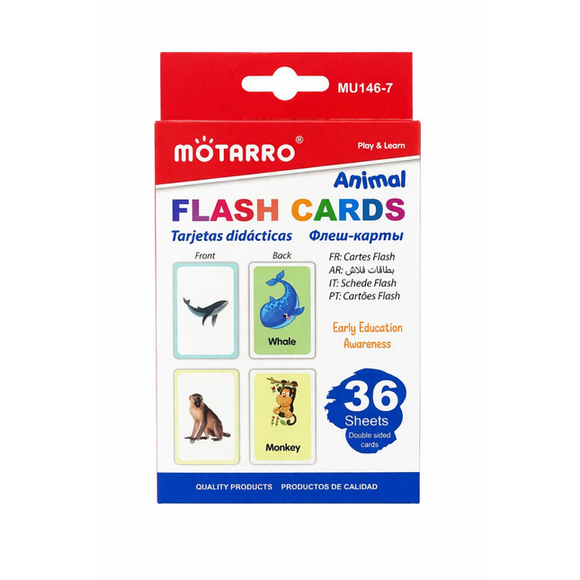 Motarro animal flash cards packaging with whale and monkey illustrations on a white background