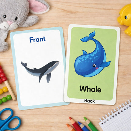 Educational flashcards with a shark on one side and a whale on the other, placed on a wooden surface with toys and stationery items.