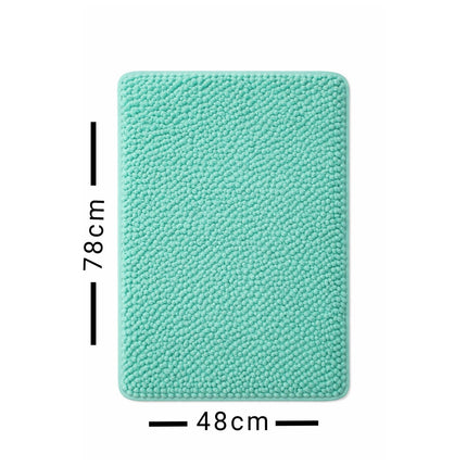 Turquoise textured rug with measurements on a white background