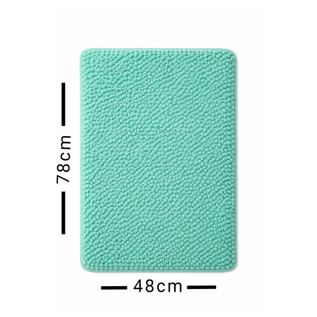 Turquoise textured rug with measurements on a white background
