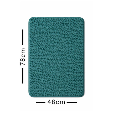 Teal textured rug with measurements on a white background