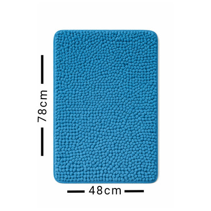 Blue textured rug with measurements on a white background