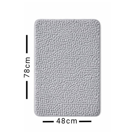 Gray textured bath mat with measurements on a white background
