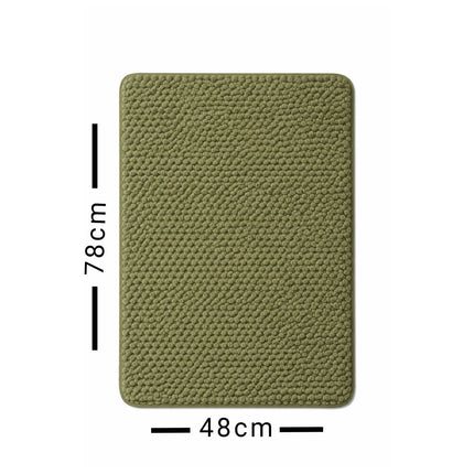Green textured rug with measurements on a white background