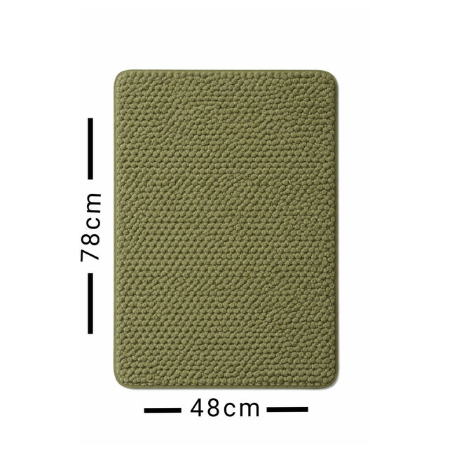 Green textured rug with measurements on a white background