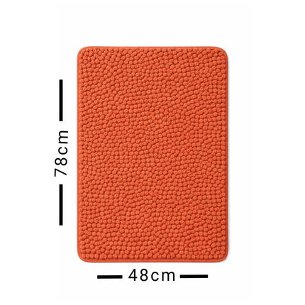 Orange textured rug with measurements on a white background