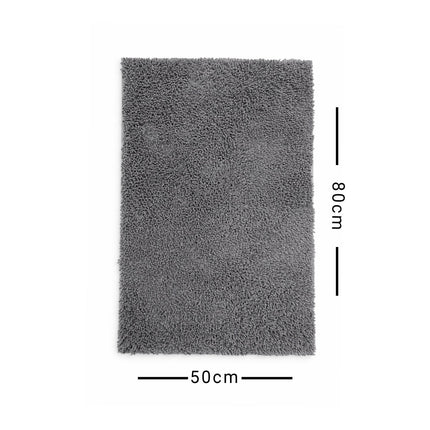 Gray rug with dimensions labeled on a white background