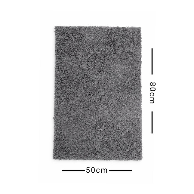 Gray rug with dimensions labeled on a white background