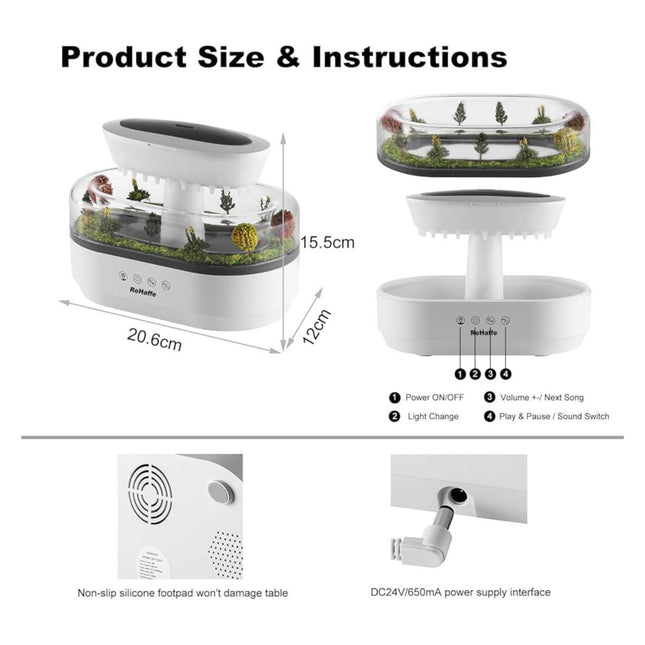 Product size and instructions for a small indoor garden with dimensions and control panel details.