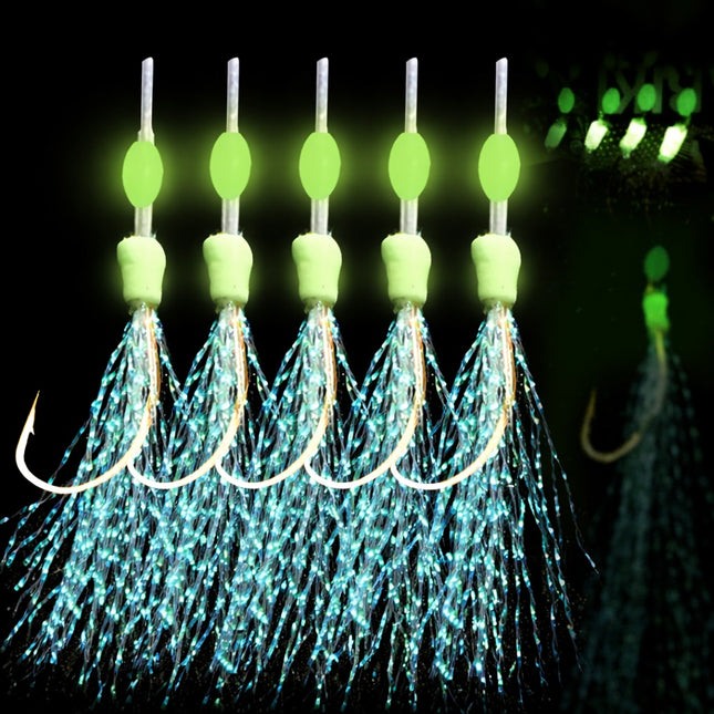 Set of glowing fishing lures with multiple hooks on a dark background