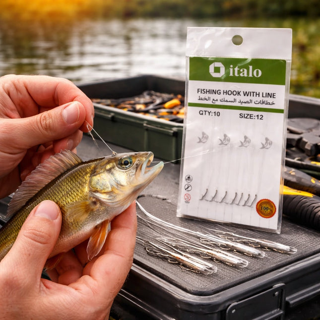 Fishing hook being used on a fish with italo packaging in the background