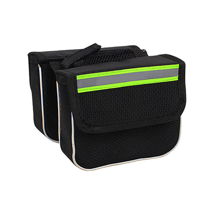 Black bicycle bag with a reflective green strip on a white background